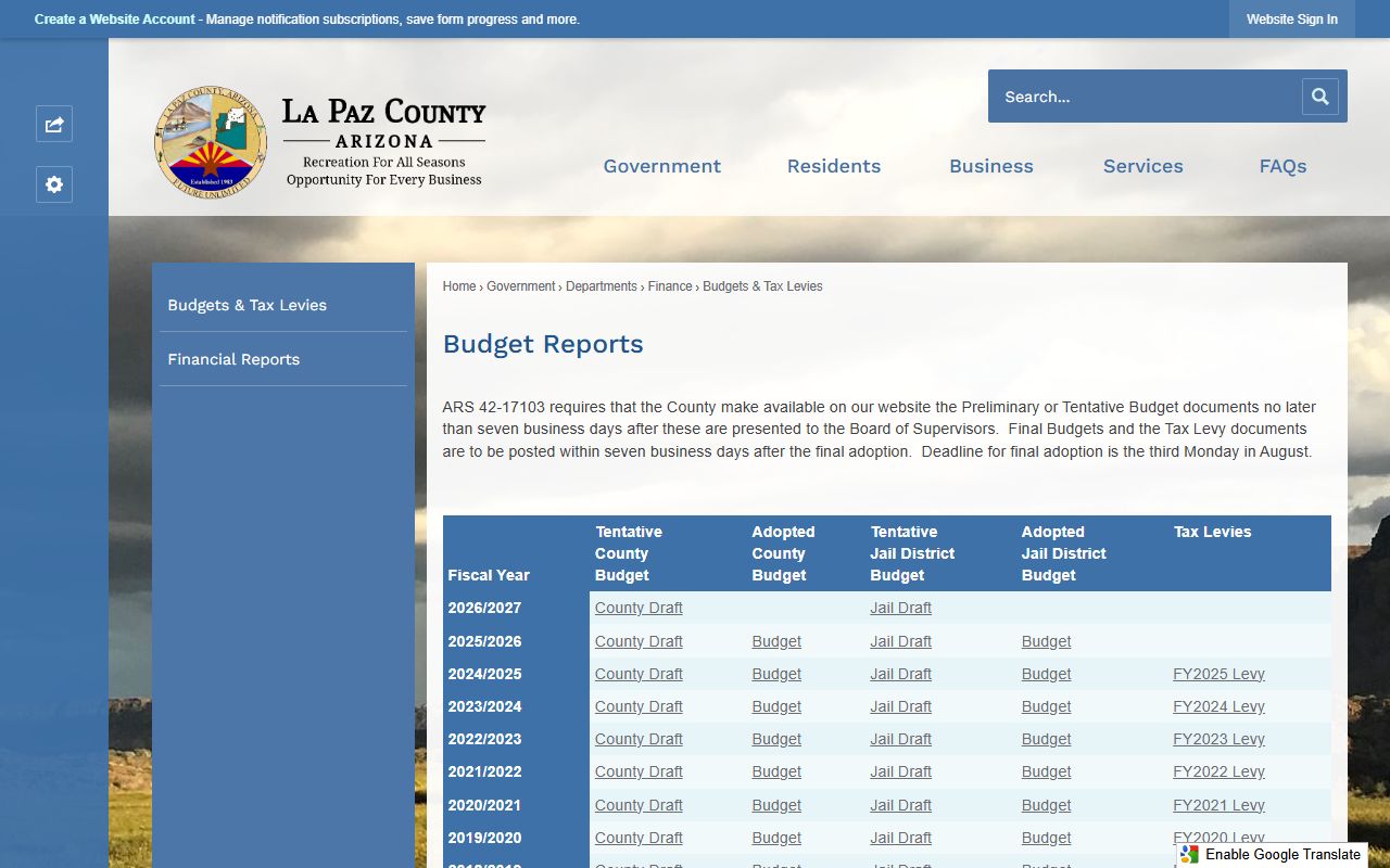 La Paz County budget page with jail district budget documents