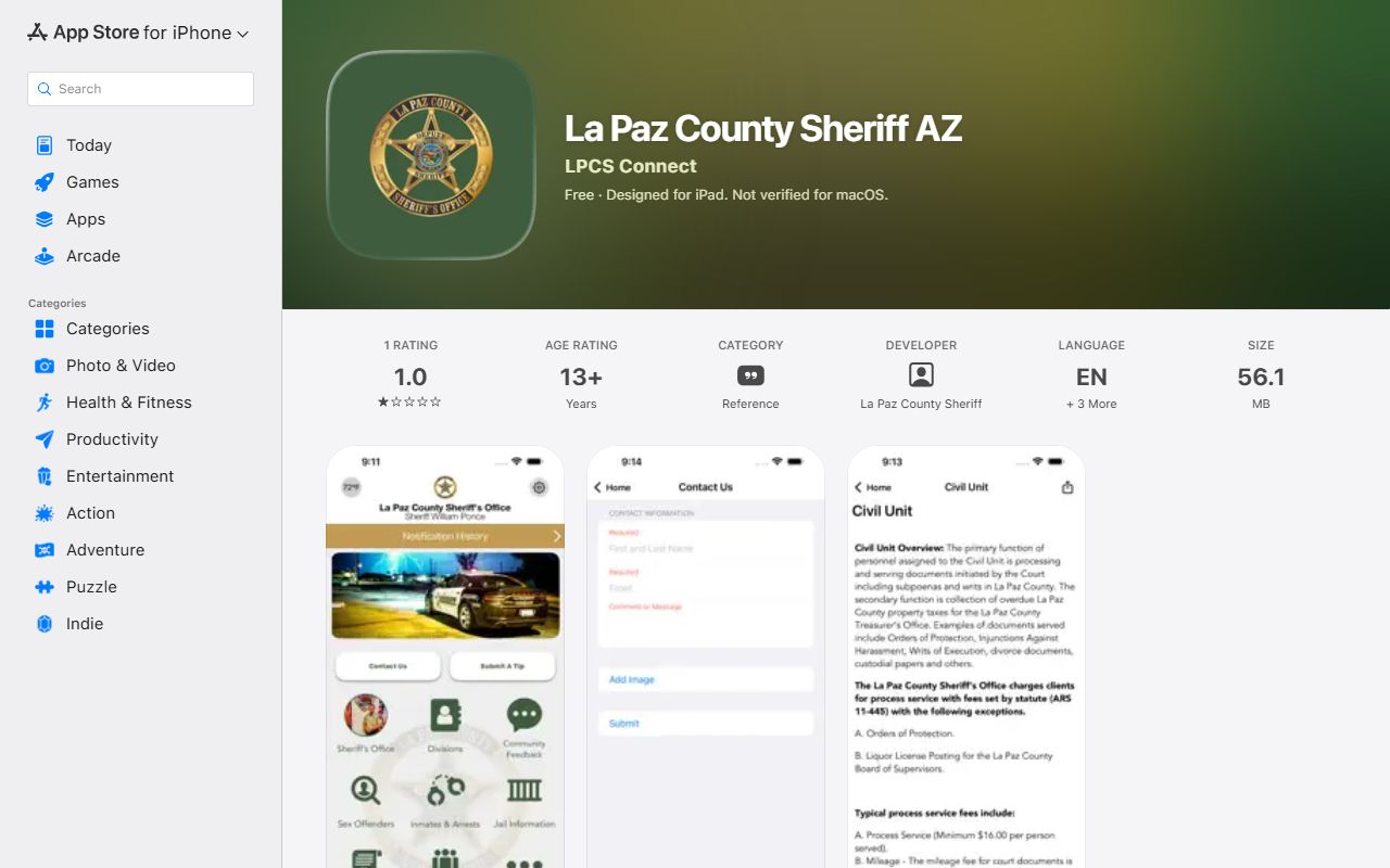 Apple App Store listing for La Paz County Sheriff AZ app