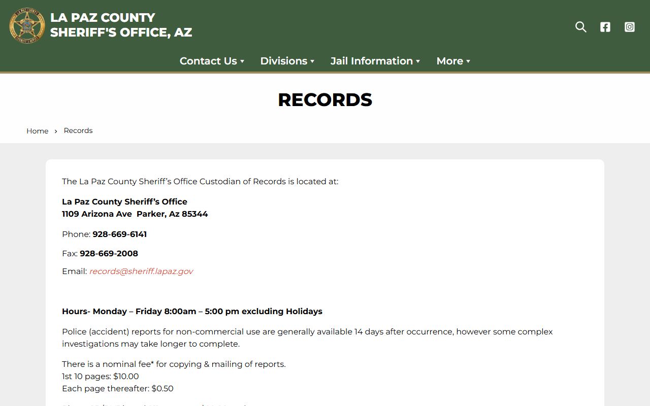 La Paz County Sheriff records page for reports and records requests