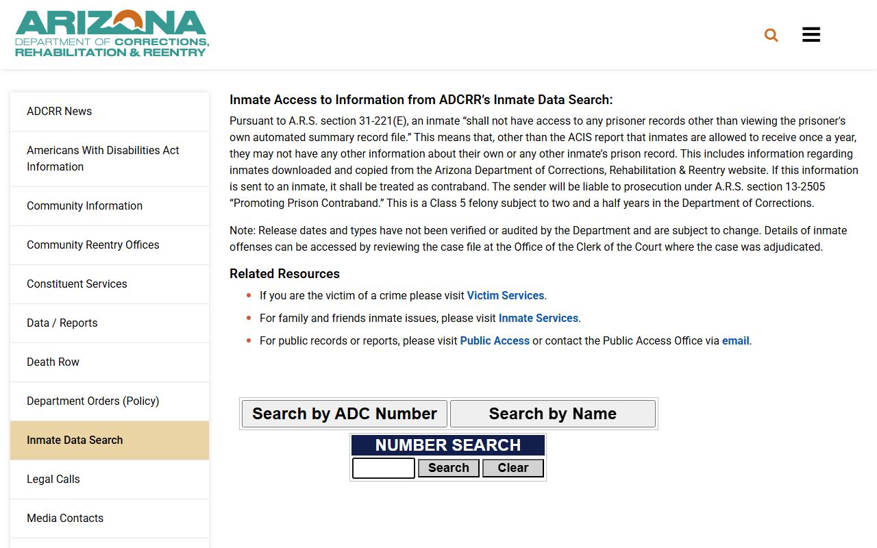 Arizona Department of Corrections inmate data search page
