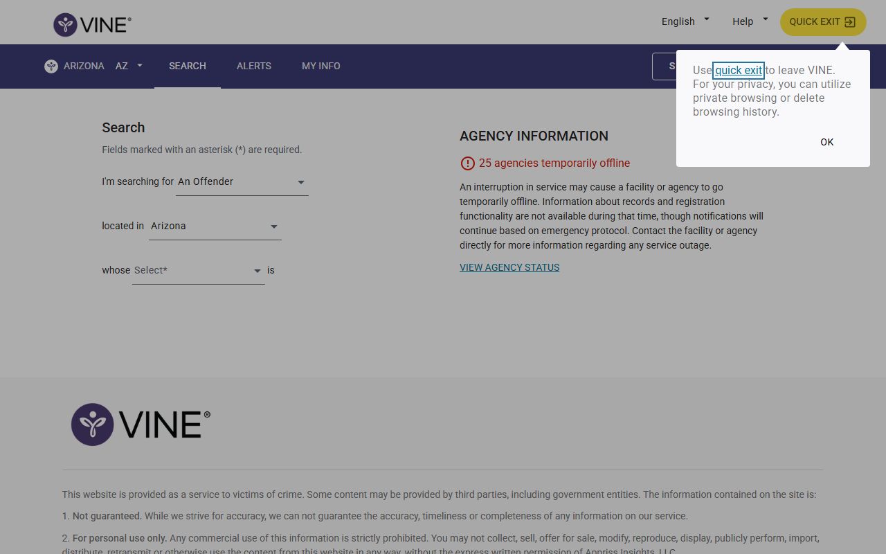VINELink Arizona person search screen